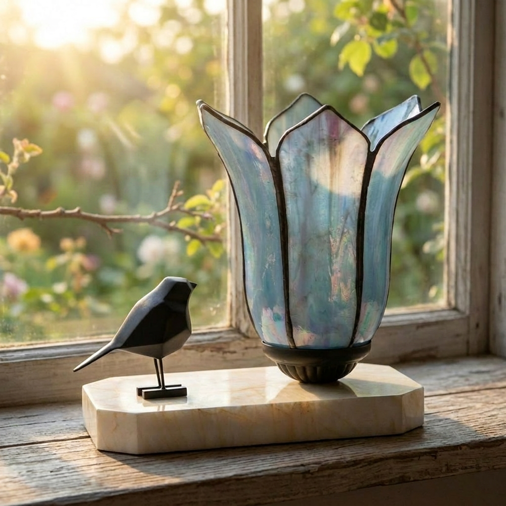 Tiffany Tischlampe / Skulptur Ballade of a Bird Gentian Blue